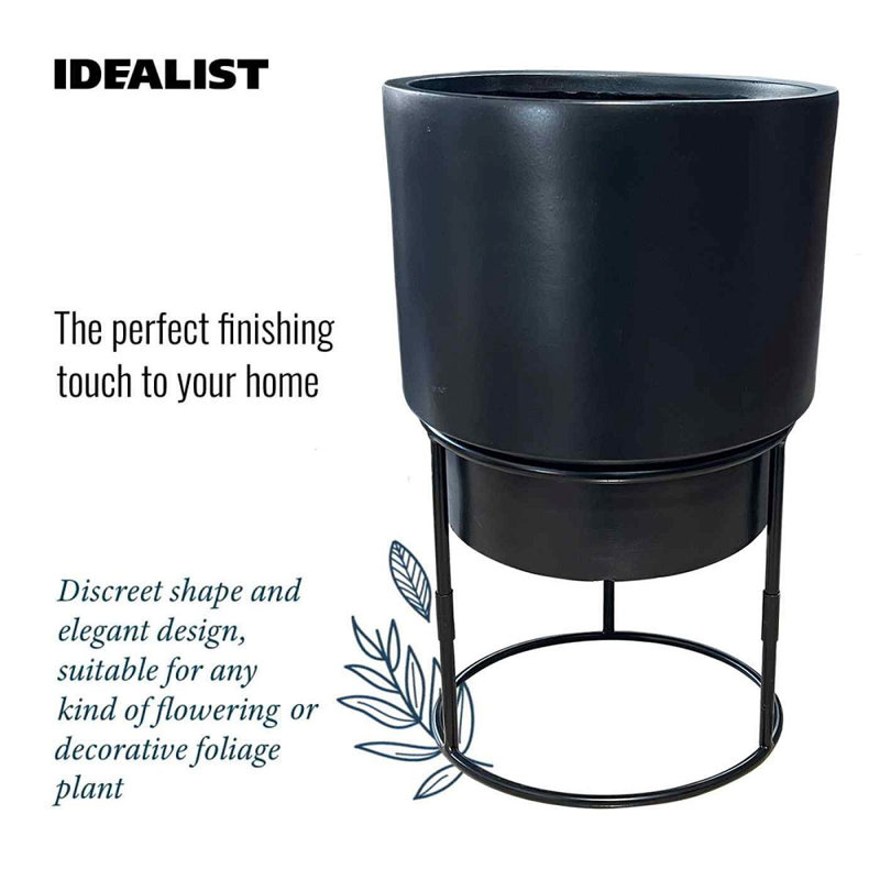 Set of 2 Concrete Effect Round Flower Pots on Metal Stands, Round Indoor Plant Pot Stands for Indoor Plants: D24 H35 cm, with Inner Top D20 cm + D30 H50 cm, with Inner Top D26 cm