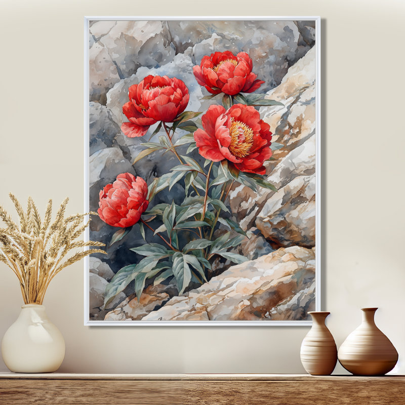 Pivoines par l'affleurement rocheux III - Pivoines, reproductions encadrées, H 40 po x l 30 po, Blanc
