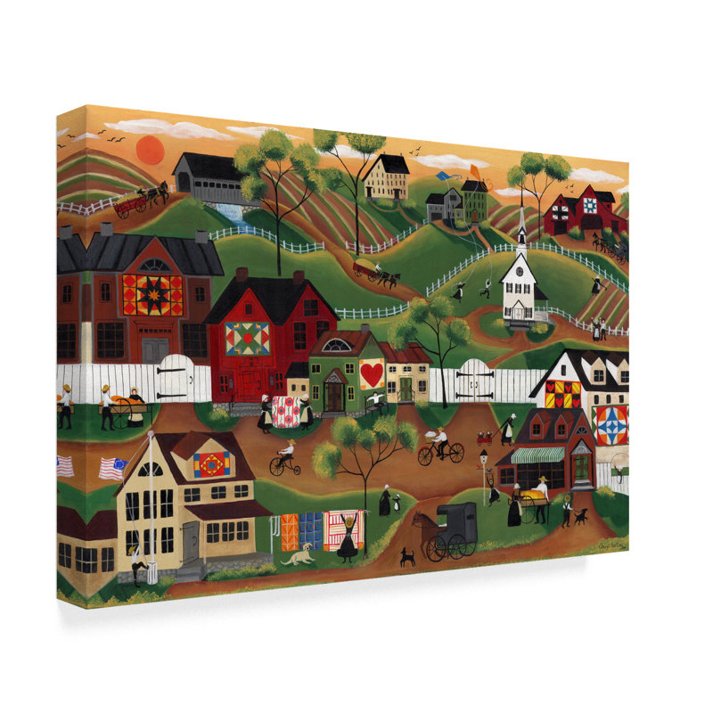 « amish quilt village », reproduction de peinture à l’acrylique sur toile tendue, H 22 po x l 32 po x P 2 po