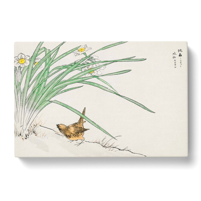 Japanese Wren & Daffodils by Numata Kashu - Wrapped Canvas Print, 60cm H x 91cm W x 3cm D