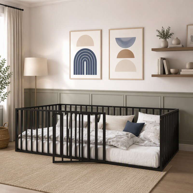 Lit Montessori en métal pour enfant (taille simple) avec barrière et porte, barrières de sécurité discrètes, sommier non nécessaire