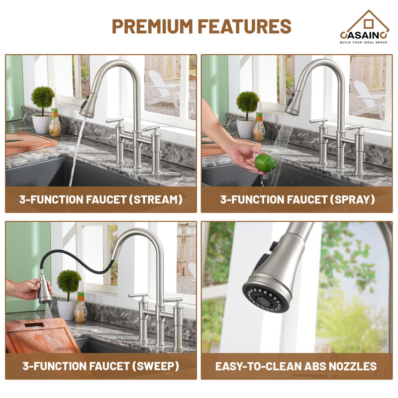Brushed Nickel Double Handle Bridge Kitchen Faucet with Pull-out Spray