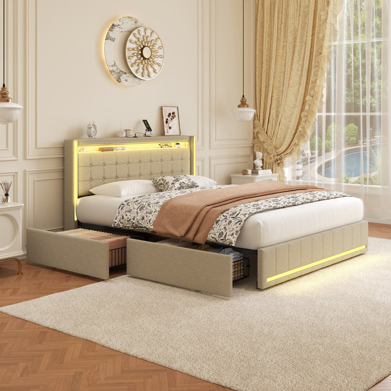 Estella Linen Upholstered Bed With LED Lighting And 4 Storage Drawers, European Double (140 x 200 cm), Beige