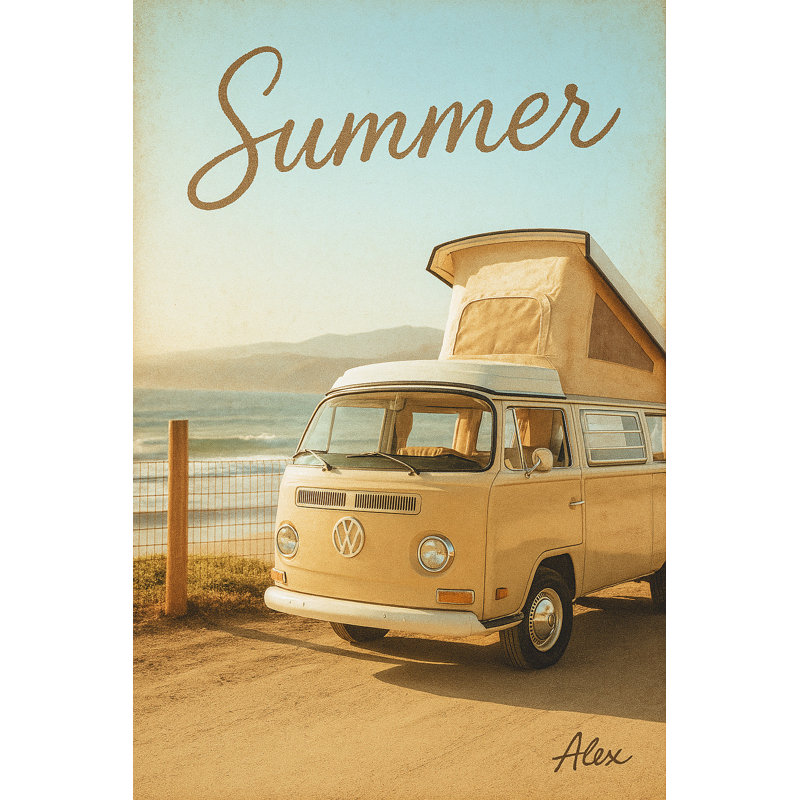«Retro Summer Van by the Coast» - Art mural sur toile d'inspiration rétro, H 40 po x l 30 po