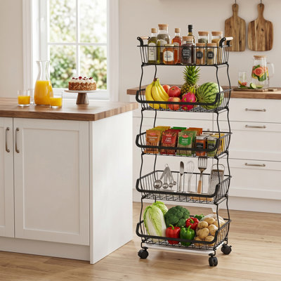 Rolling Storage Cart With Wheels, Heavy-Duty Metal Utility Cart With Wood Handles, Removable Drip Tray, Kitchen Pantry Organizer, Mobile Basket Cart For Kitchen, Bathroom, Laundry Room