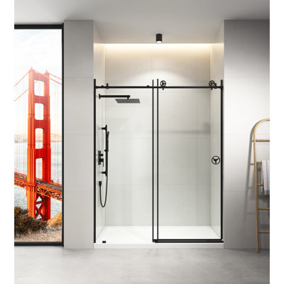 Porte de douche l 60 po x H 76 po en noir mat avec verre transparent - s'adapte aux aménagements de salle de bain, mouvement doux et silencieux, construction, nettoyage à sec
