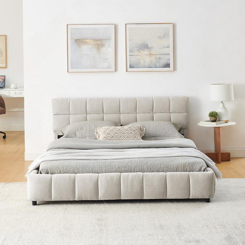 Lit tapissier avec tête de lit et tiroir de rangement, Beige