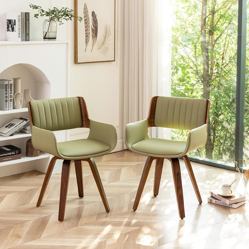 Mid Century Modern Dining Chairs Set Of 2,Swivel Accent Faux Leather Desk Chairs, With Wooden Legs/Armrest/Upholstered Seat/Adjustable Foots For Kitchen Dining Room Desk Chairs(Green)