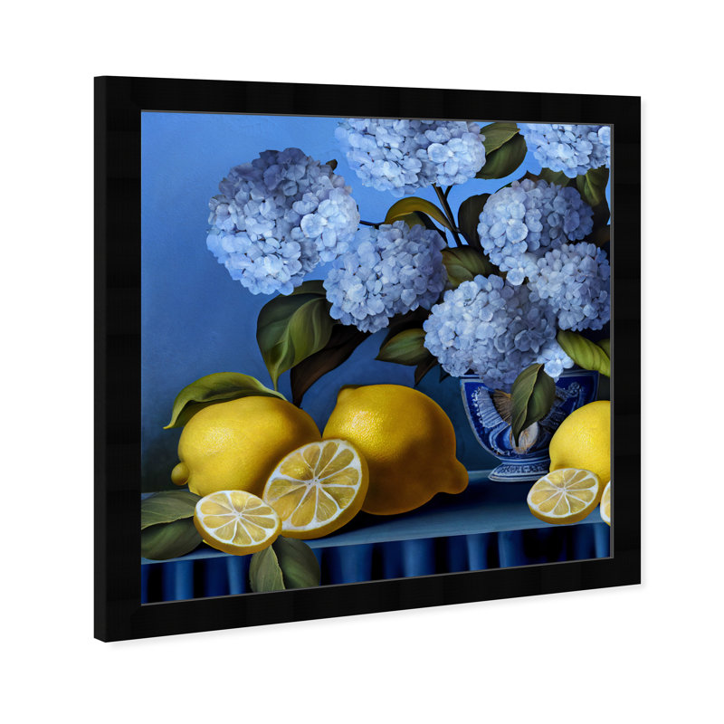 «Hydrangeas and Lemons Vase», cadre photo, Cadre noir, H 22 po x l 22 po