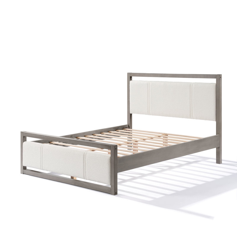 Lit en bois avec tête de lit en tissu bouclé ivoire et structure robuste, Grand lit