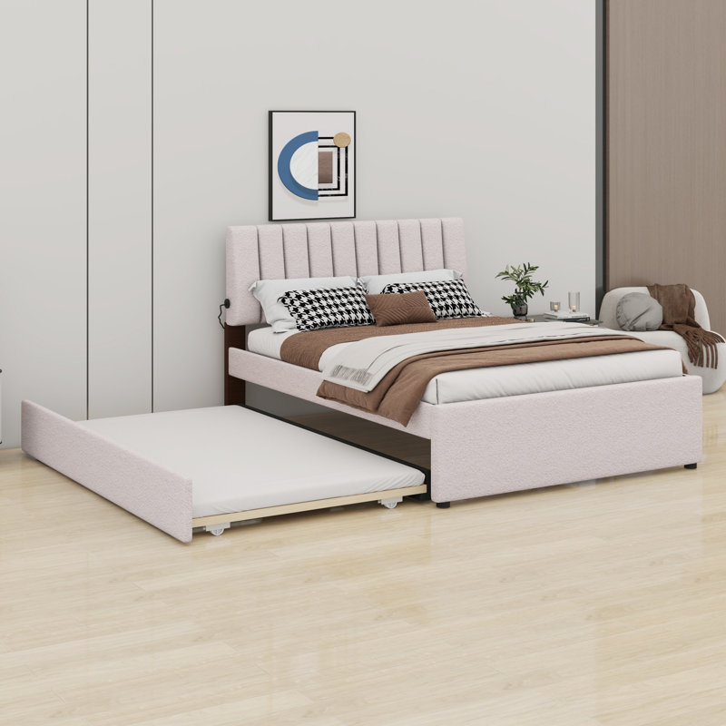 Lit plateforme tapissier avec lit gigogne, Lit double , Beige