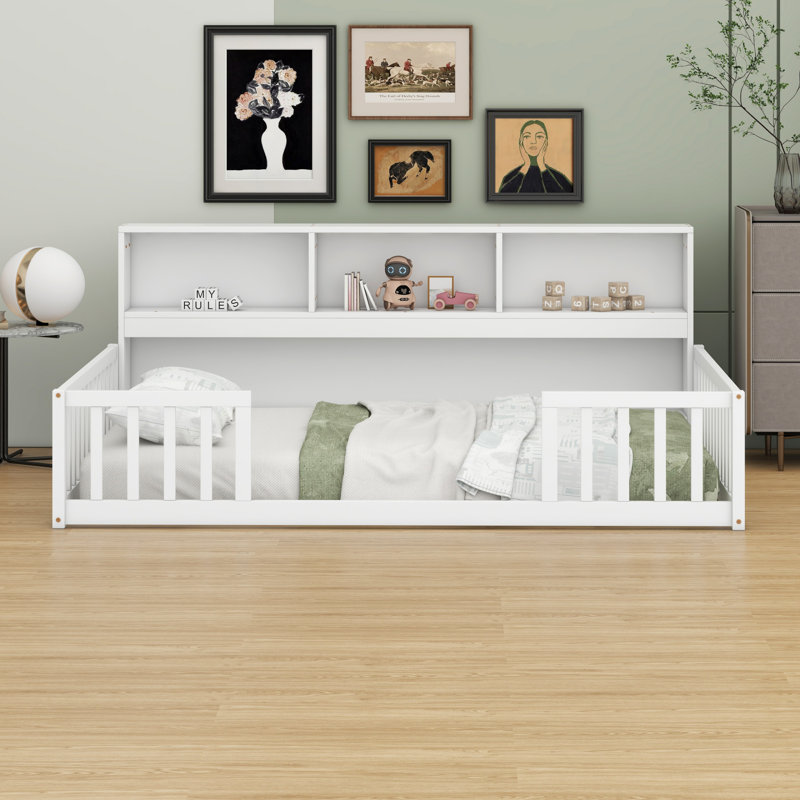 Floor Bed With Side Bookcase,Shelves,Guardrails, White