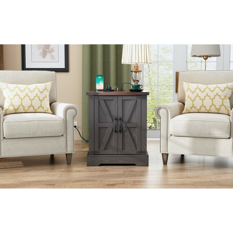 Rustic Walnut End Table With Charge - Grey Living Room Side Adjustable Shelf And Barn Doors For Bedroom, Gray