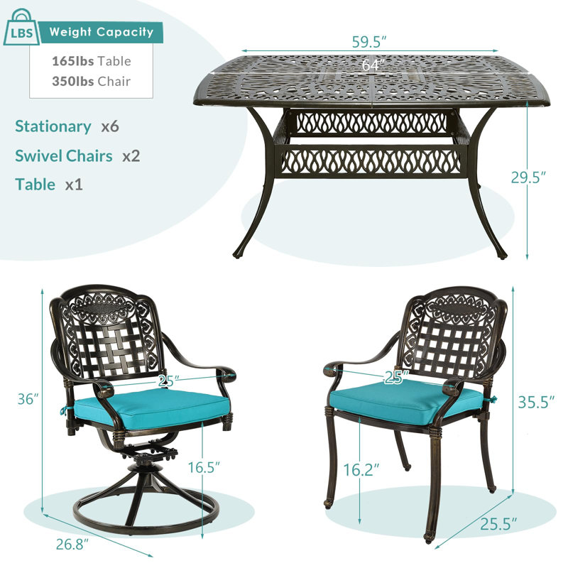9-Piece Outdoor Patio Dining Set For 8, All Weather Cast Aluminum Patio Funiture Table And Chairs Set- Large 64" Square Table And Swivel Rocker Chairs For Garden
