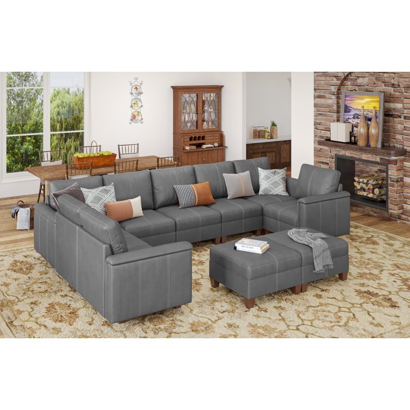 Oversized Faux Leather Sectional Couches for Living Room, Modular Convertible 10-Seat U-Shaped Sofa with Storage & Ottoman, 145 inch Width
