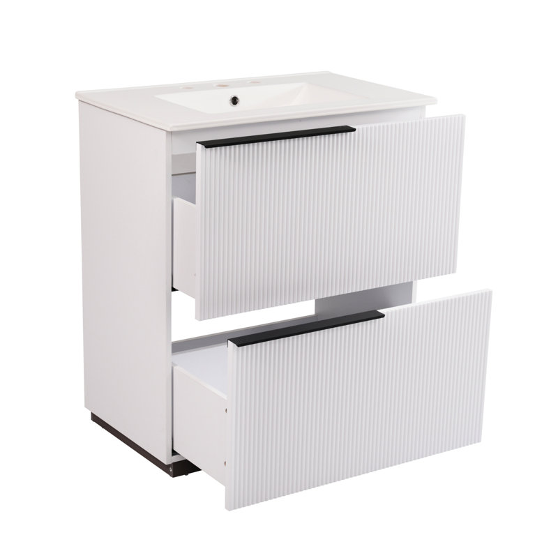 Meuble-lavabo de salle de bain cannelé de 30 po avec lavabo, glissières de tiroir à fermeture en douceur et panneau de fond en céramique à pleine extension pour une utilisation à long terme