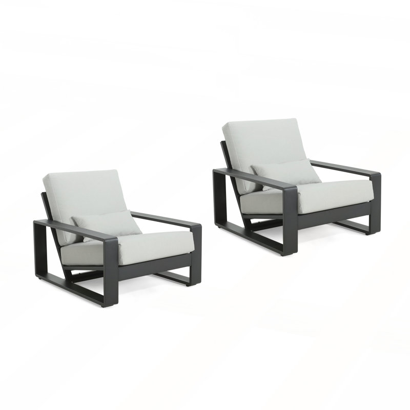 Ensemble de 2 chaises longues d'extérieur et d'intérieur en aluminium avec structure au fini noir et coussin gris, Gris clair