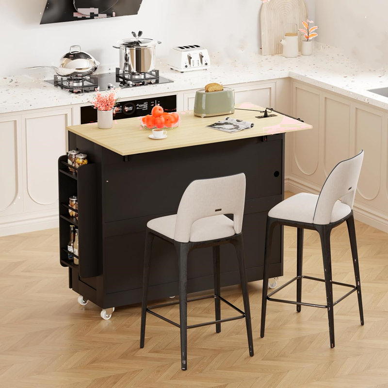 Rolling Kitchen Island Cart With Trash Can Storage Cabinet Drop Leaf Spice Rack Towel Rack Drawer Power Outlet, Black
