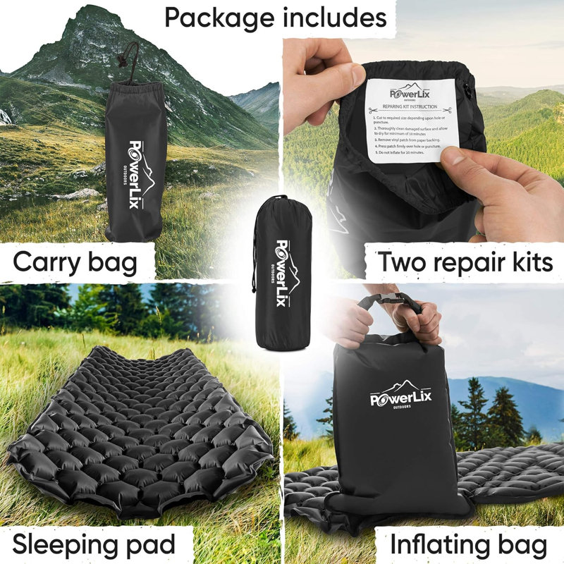 PowerLix light Sleeping Pad with Inflating Bag, Compact Hiking & Camping Mat, Black
