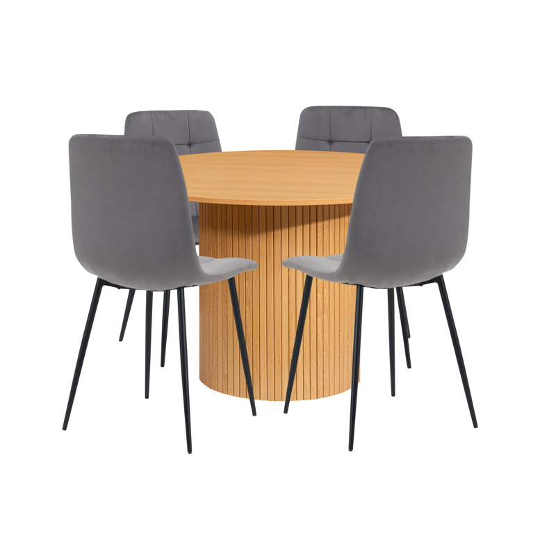 Axel Round Fluted Dining Table With 4 Fabric Chairs, Brown, Brown