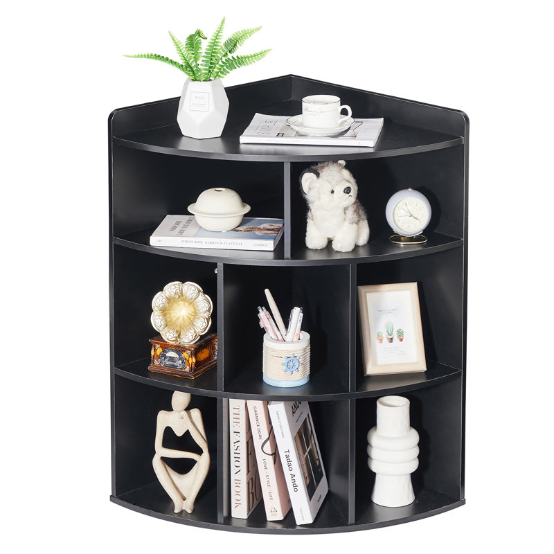 Cayhlin 3-Tier Corner Bookcase Cabinet with 8 Cubbies, Wooden Cube Storage Organizer, Modern Bookshelf Units, Black