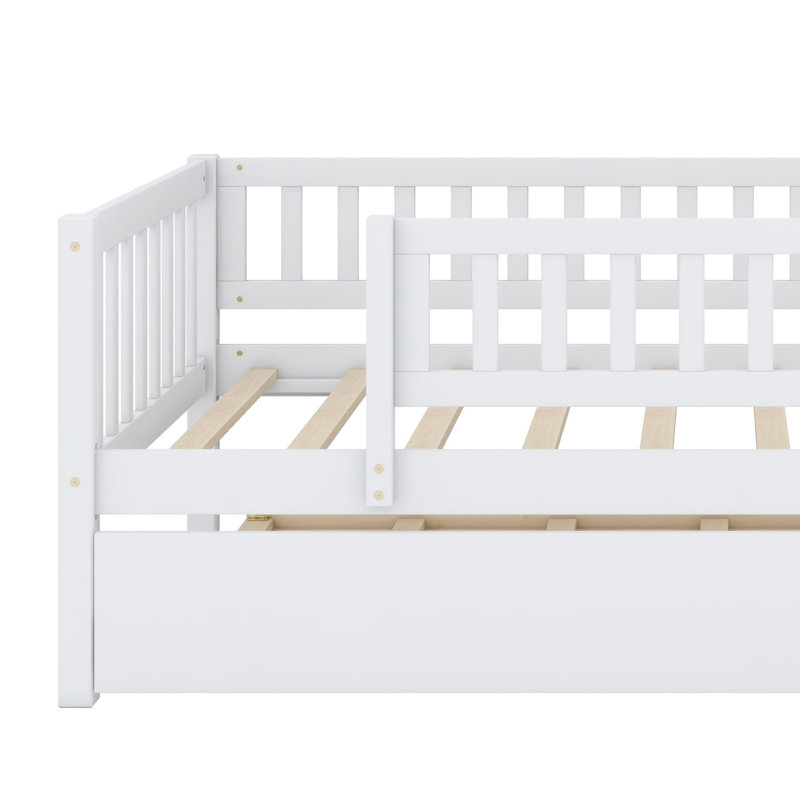Wood Daybed With Trundle And Fence Guardrails, White
