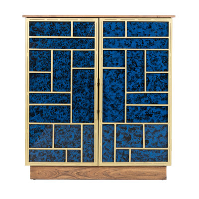 Armoire décorative en verre et laiton bleu avec cadre en bois d'acacia