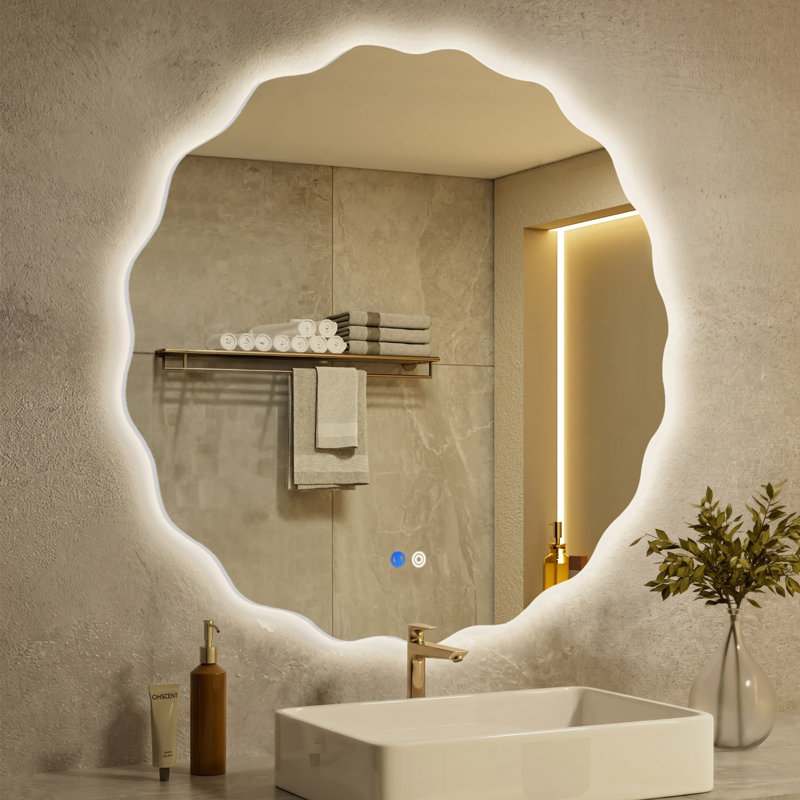 Miroir de salle de bain Scalloped Wavy Led Backlit, 24 x 24 po, Rond