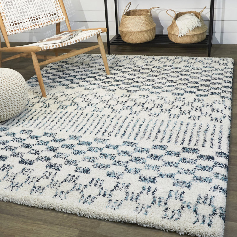 Tapis à poil long ivoire à carreaux jiya, Rectangle 5 pi 3 po x 7 pi