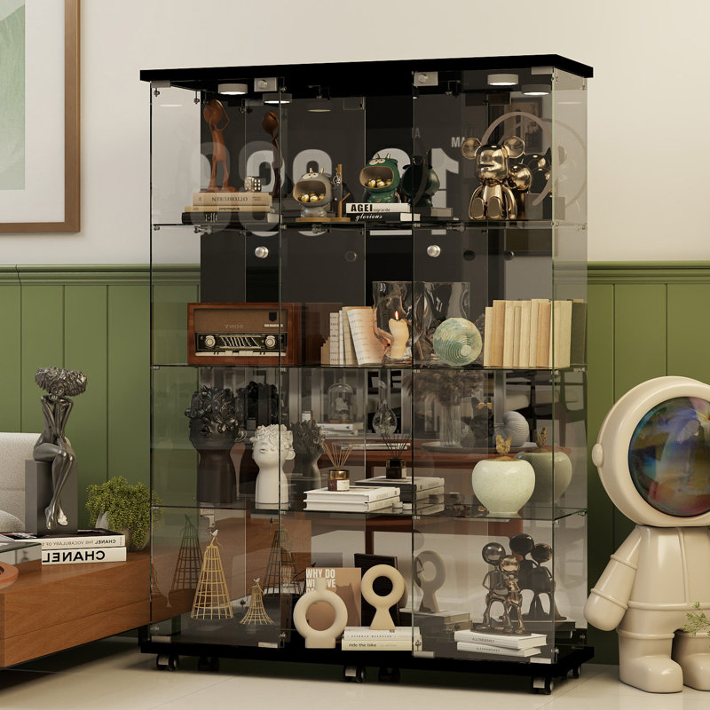 Vitrine en verre trempé à 3 tablettes Anneliesse, Noir