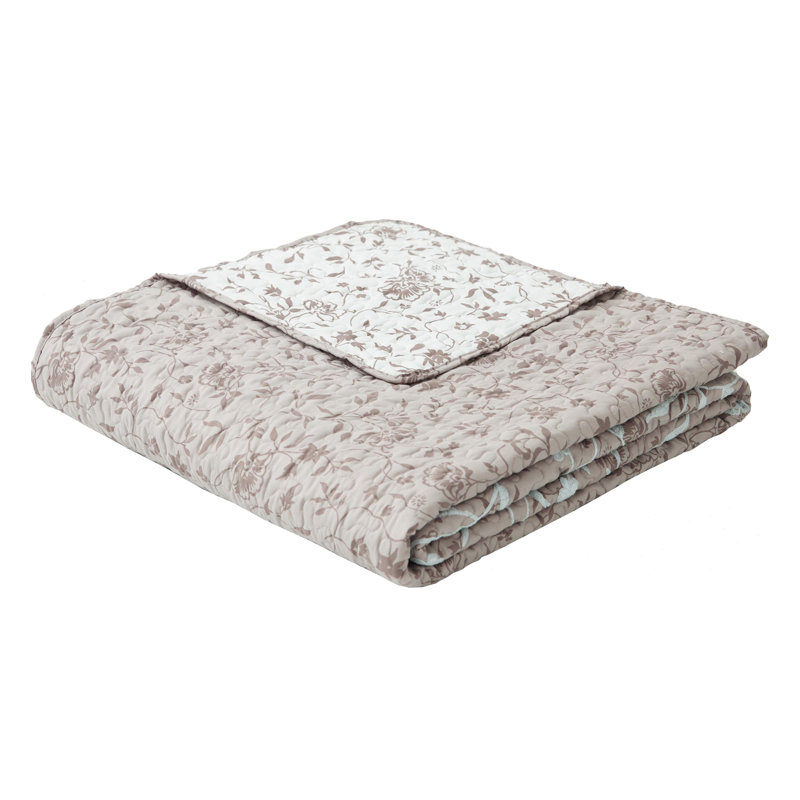White and Tan Floral Vine Reversible Microfiber Twin Quilt Set
