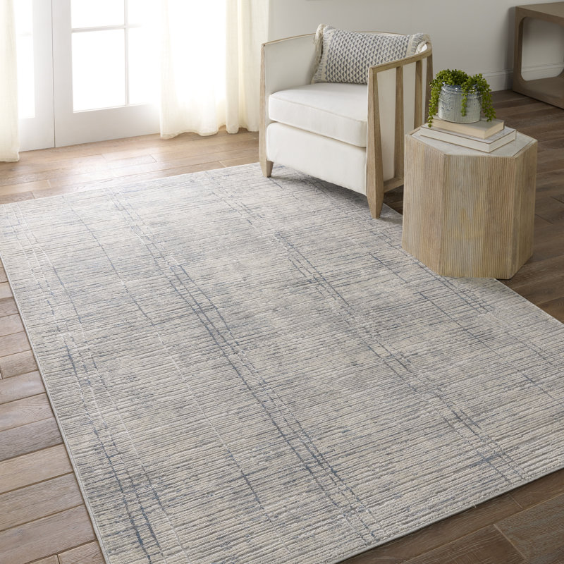 Tapis en polypropylène / polyester abstrait tissé à la machine en crème / bleu, Rectangle 10 pi x 14 pi