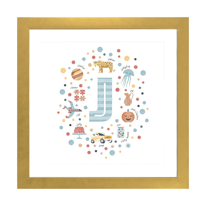 Lettre illustrée J bleue - impression, Blanc, H 24 po x l 24 po x p 1 po, Papier encadré doré