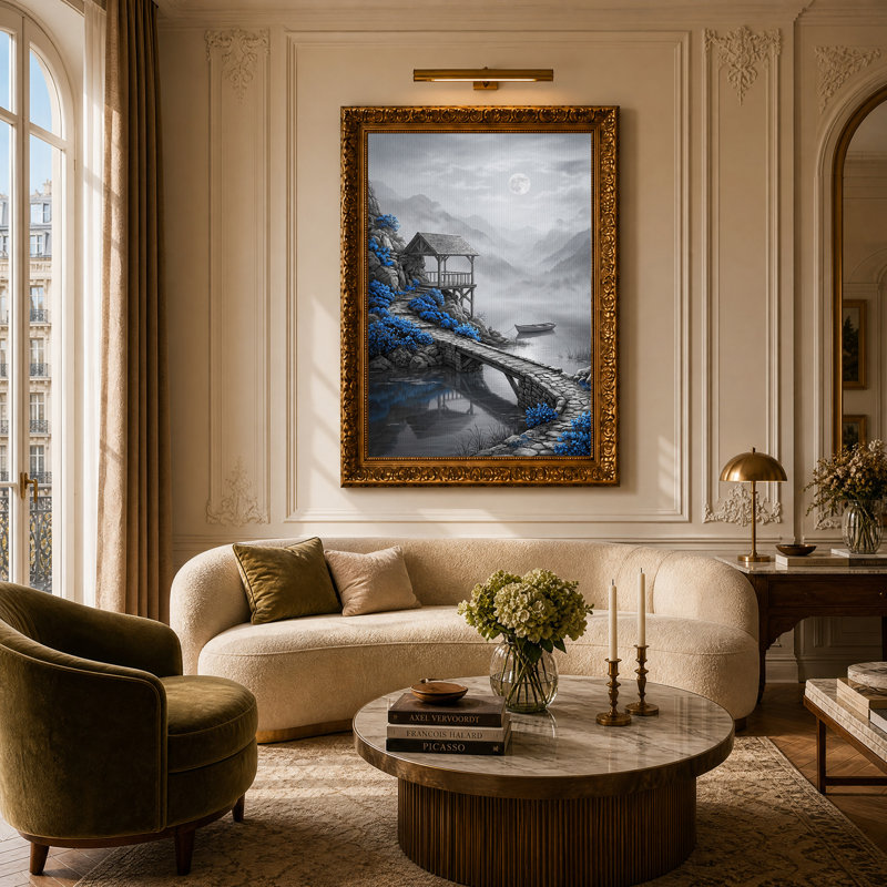 Pont de pierre et pavillon de jardin en bois avec fleurs bleues, art mural, H 24 po x l 16 po