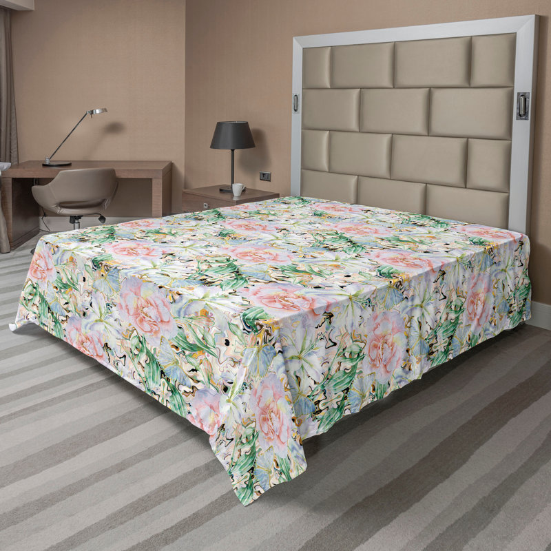 Drap plat Ambesonne, Jade Green Pink Floral, Drap plat pour très grand lit californien
