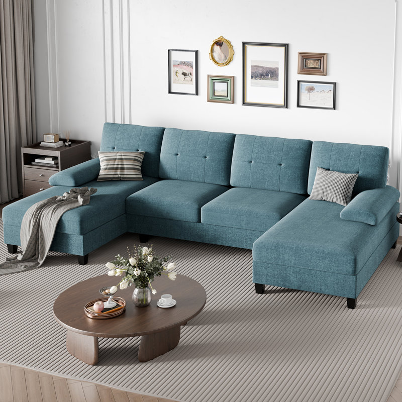 3-Piece Modular Upholstered Sectional Couch, Blue Cotton Blend