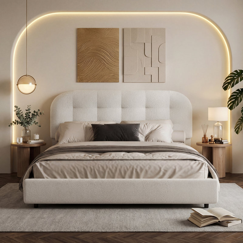 Lit plateforme tapissier avec tête de lit Hayden Boucle, base de lit Cloud, coins arrondis doux, Grand lit, Blanc