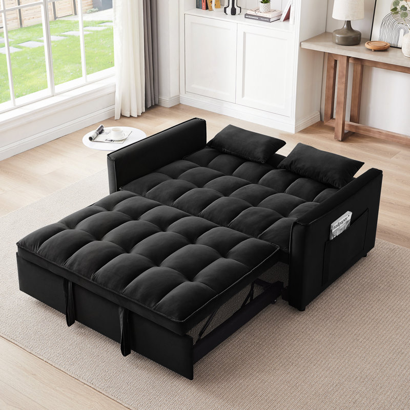 55.1" 3-In-1 Convertible Sofa Bed, Modern Velvet Double Sofa Futon Sofa Bed With Adjustable Back, Storage Bag And Pillow, For Living Room, Bedroom