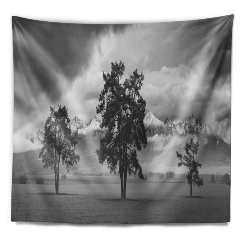 Paysage avec trois arbres devant une tapisserie, H 78 po x l 92 po