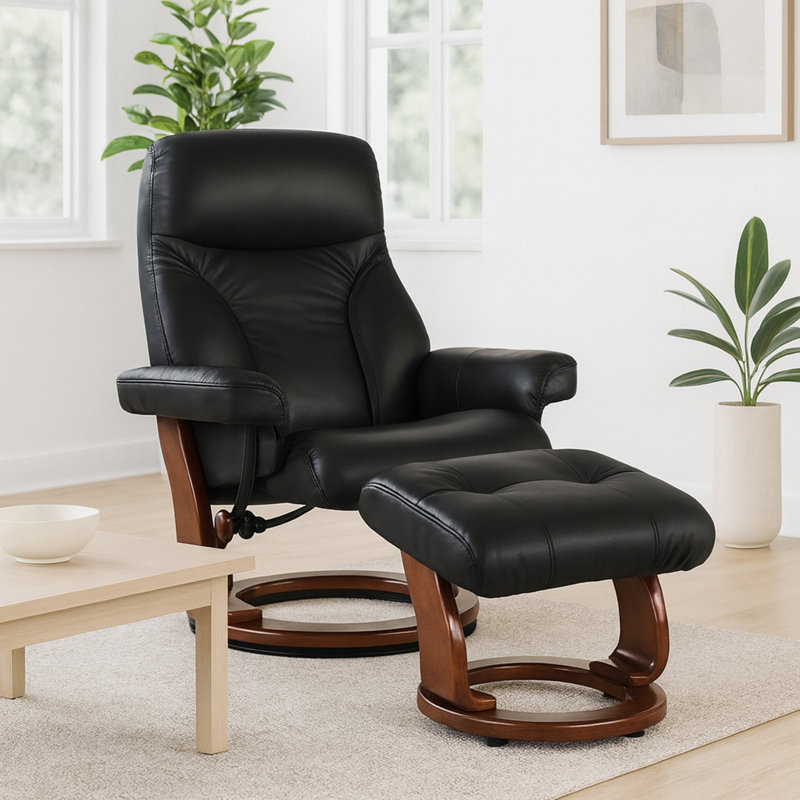 Mélaniee 32" Wide Swivel Recliner with Ottoman, Black Leather Match