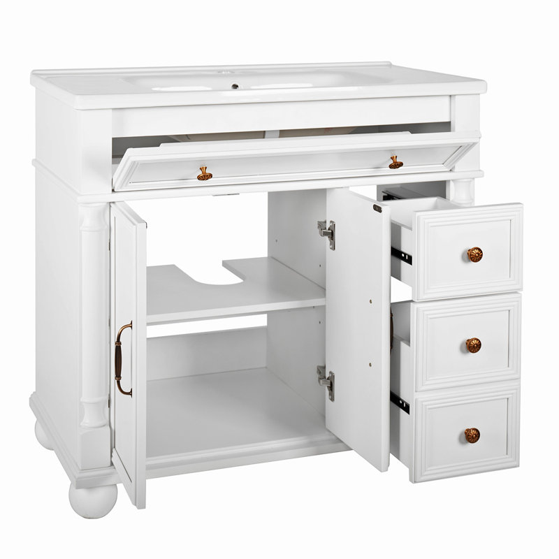 35.6" Roman Column Base Bathroom Sink With Metal Handles And Solid Wood Frame, White