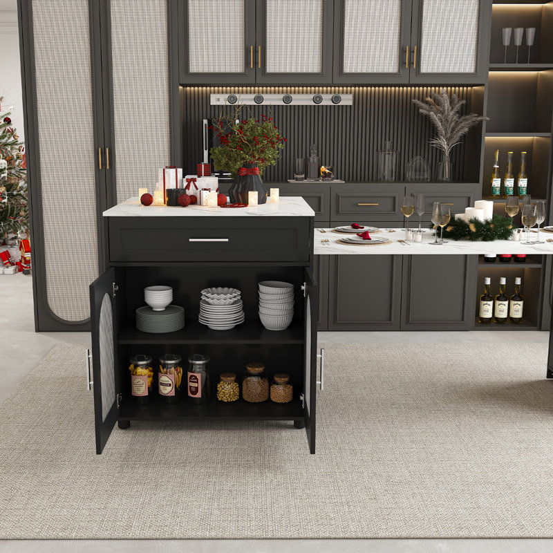 Expandable Kitchen Island With Dining Table, Black/White Marble