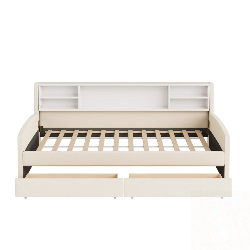 Lit plateforme simple tapissier avec rangement et tiroirs, Beige