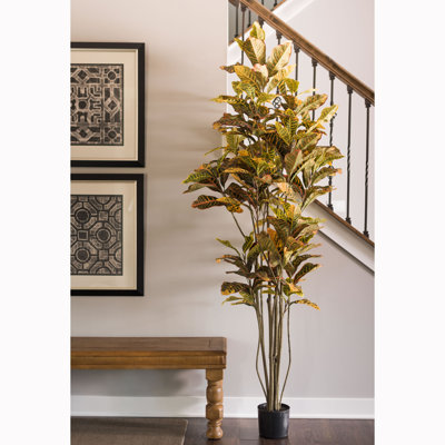 Potted Artificial Green and Orange Croton Tree