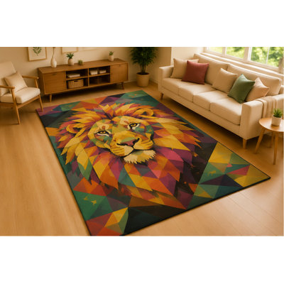 "Ultra Light Weight" 5' x 7' Geometric Lion Face Area Rug for Living Room Soft Low Pile Indoor Rug with Non-Slip Silicone Backing Modern Animal Carpet for Bedroom Family Room Office Decor Multicolor
