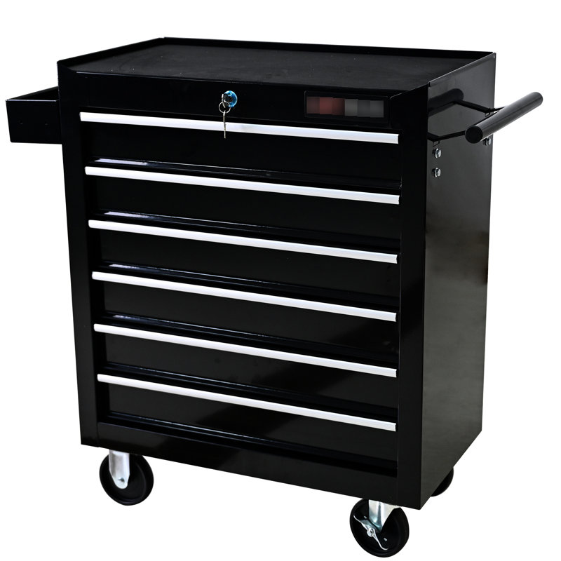 Coffre à outils industriel robuste avec 6 tiroirs et serrure - système de chariot de garage noir