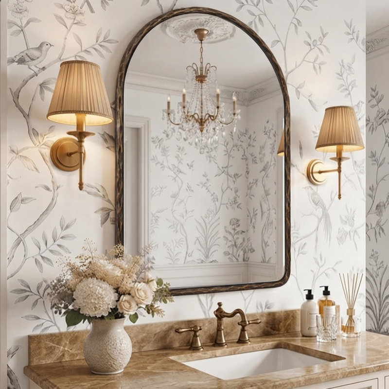 Miroir mural de salle de bain vintage en fer forgé à la main, H 36 po x l 24 po, Bronze forgé