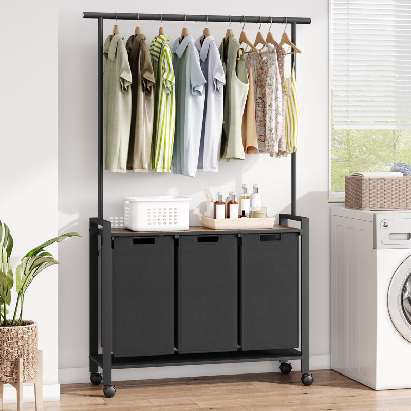 Trieur de linge, panier à linge 3 sections avec support à linge, panier à linge roulant avec panier à linge amovible