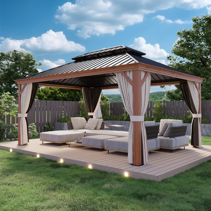 16 Ft. W x 12 Ft. D Steel Patio Gazebo, Hardtop Gazebo, Wood