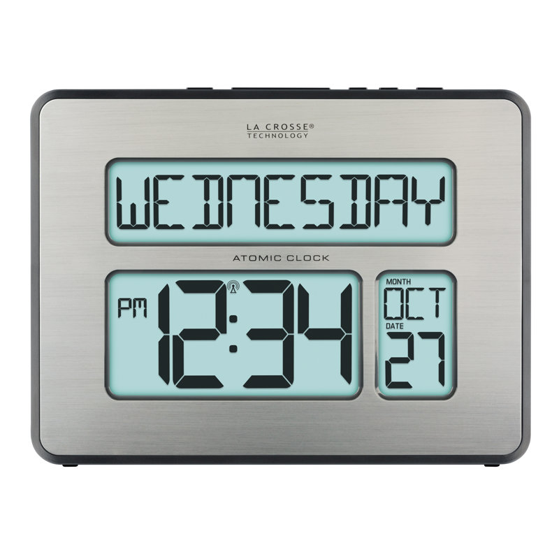 Weidner Digital Atomic Calendar Clock with Backlight, Brushed Silver